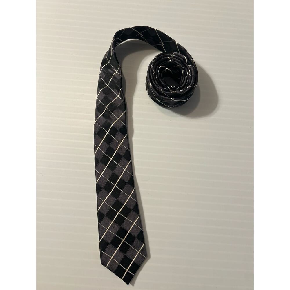 Hi-Brow 100% Silk Black & Grey Plaid Skinny Necktie 57.5” L